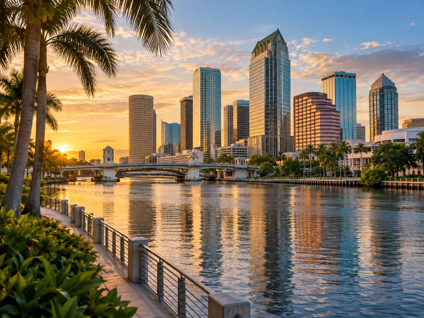 Downtown Tampa skyline at golden hour along the Hillsborough River, Florida